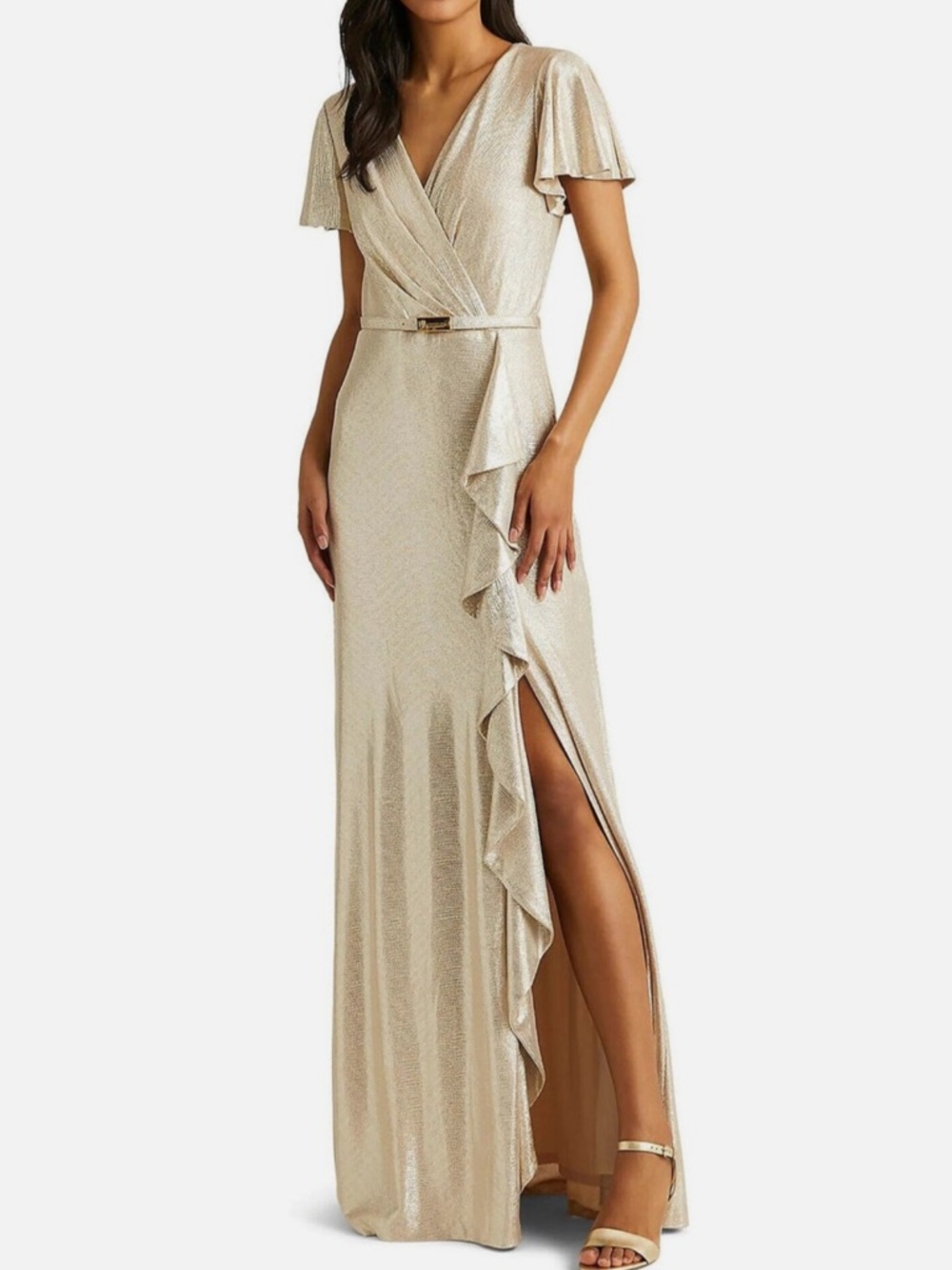 Lauren Ralph Lauren Metallic Gold Wrap Maxi Dress with Ruffle Slit